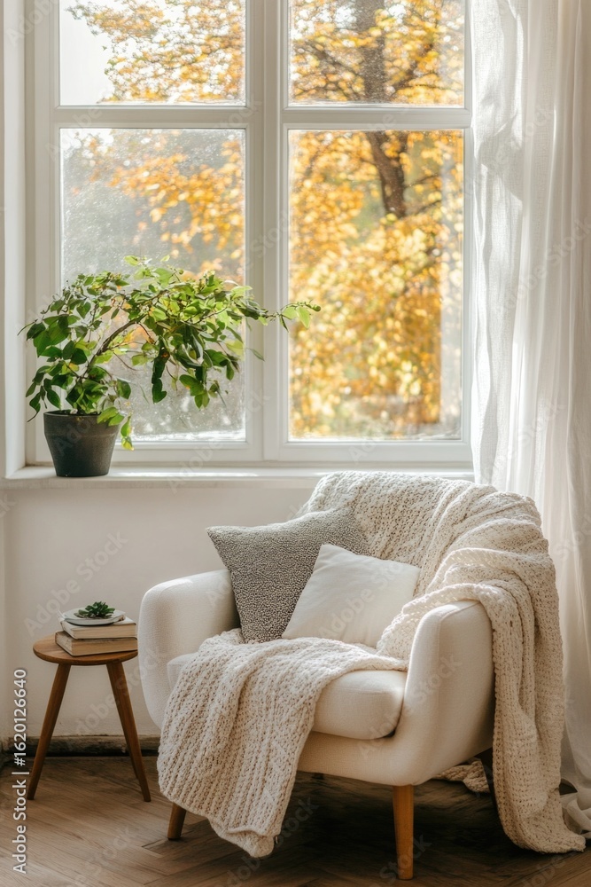 Fototapeta premium Cozy chair by the window with autumn view