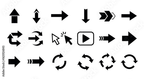 Icon set vector art of various arrow symbols isolated on white background