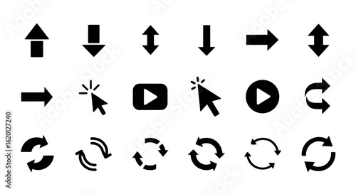 Icon set vector art of collection of arrow and play button icons isolated on white background