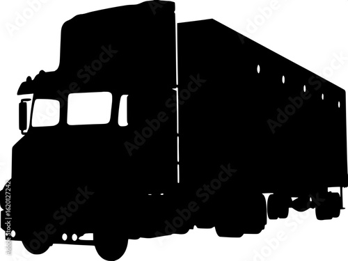 A stylized, black and white side view of a long-haul freight truck. The large cargo trailer is separated into even vertical sections, and the cab includes symbolic windows and grill shapes. No backgro