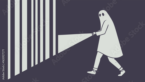 A stylized ghost figure holding a flashlight illuminates a series of vertical bars casting a beam of light and creating shadows in a minimalist illustration