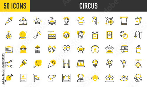50 Circus icons. Such as Joker Hat, Juggling, Horn, Theater Masks, Monkey, Trampoline, Ice Cream Cone, Carousel, Stage, Lion, Stilts, Seal, Parrot, Pinwheel, Flag vector stroke illustration.	
