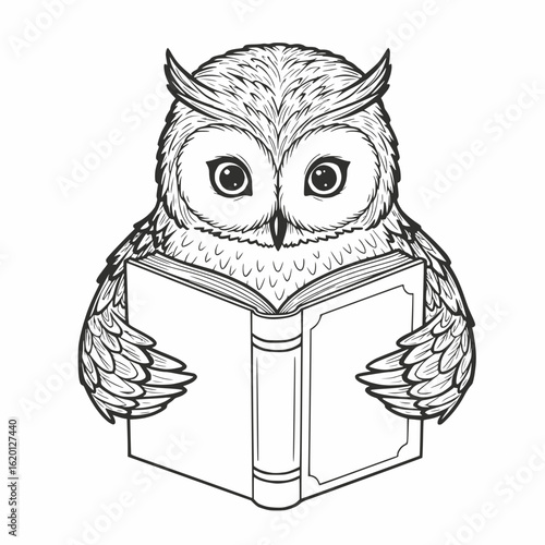 black and white wise owl reading a book, stylized line art, white background