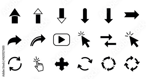 Icon set vector art of various arrow and cursor icons isolated on white background