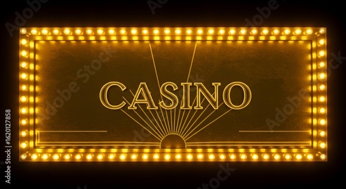 Glowing Golden Casino Marquee Sign with Illuminated Light Bulbs and Art Deco Style Text