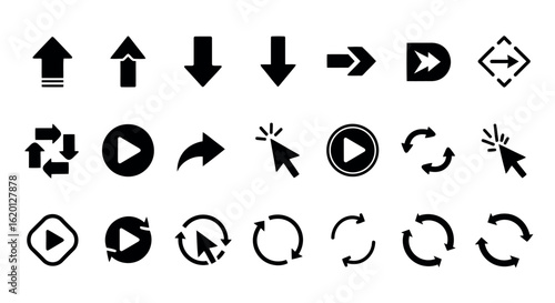 Icon set vector art of various arrow and interface icons isolated on white background