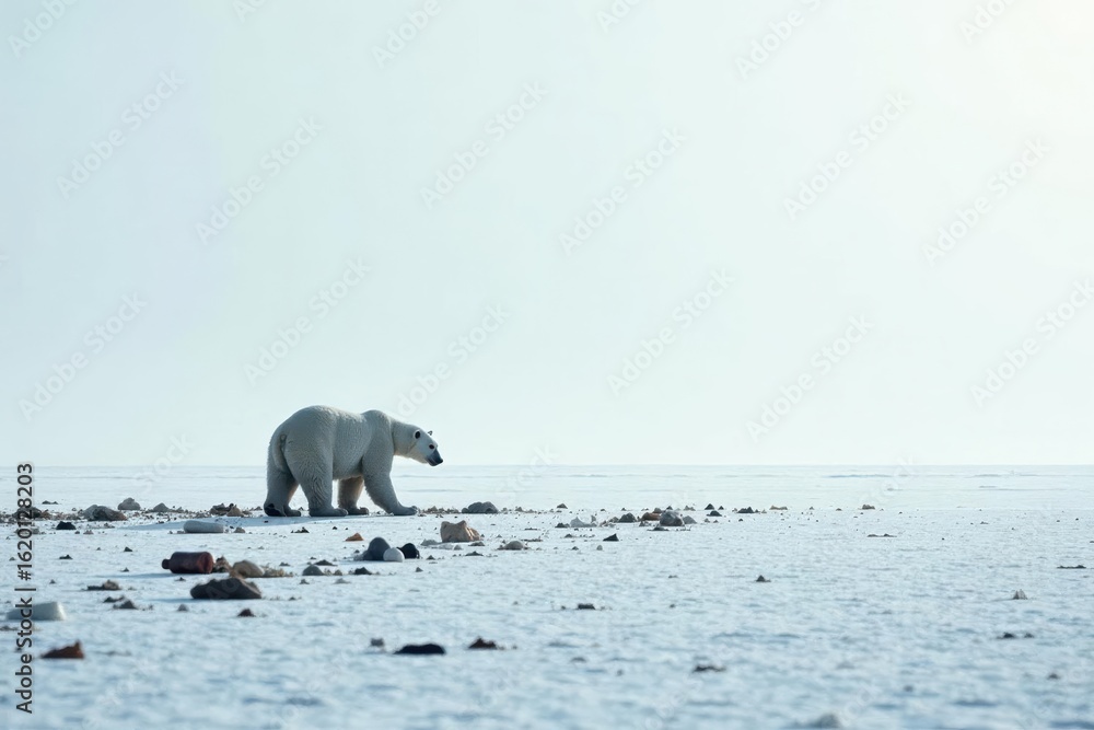 Fototapeta premium A solitary polar bear traversing a desolate icy expanse littered with debris
