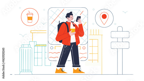 Man with backpack using smartphone in city with coffee cup and location pin icons on white background