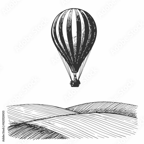 black and white hot air balloon flying over hills, vintage sketch feel,white background