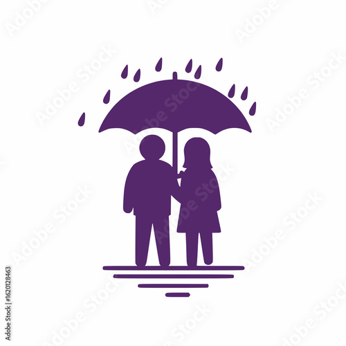 solid violet walking couple icon with umbrella, monsoon vibe, lifestyle illustration white background