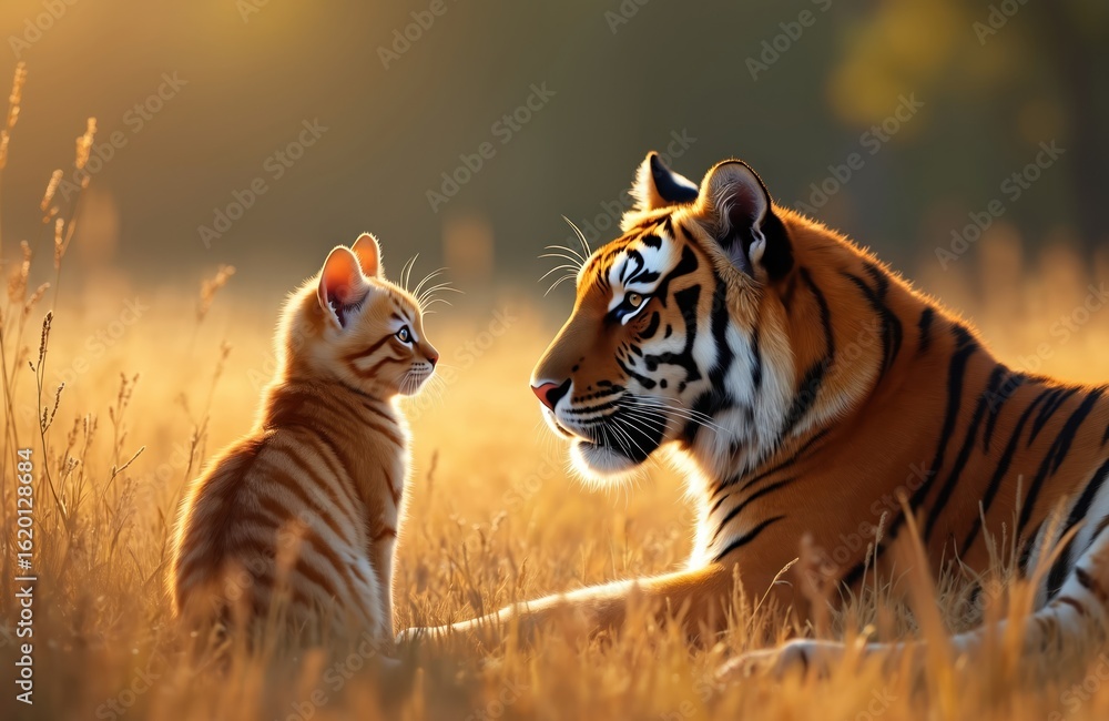 Obraz premium Orange tabby kitten sits attentively facing majestic tiger in sun-drenched grassy field. Illustration captures heartwarming, unlikely animal friendship amidst nature. Warm golden hour light