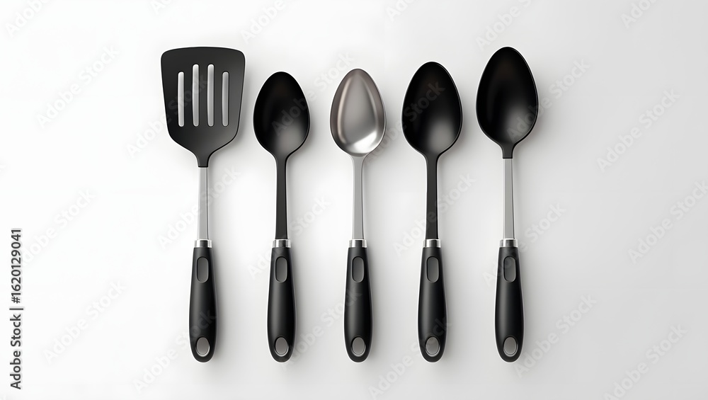 Minimalist Kitchen Utensil Lineup Featuring Black Handles and Metallic Heads Against Neutral Background
Minimalist Kitchen Utensil Lineup Featuring Black Handles and Metallic Heads Against Neutral Background