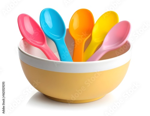 Vibrant collection of colorful baby feeding spoons in a yellow bowl. Concept of infant nutrition, weaning, and childhood mealtime.