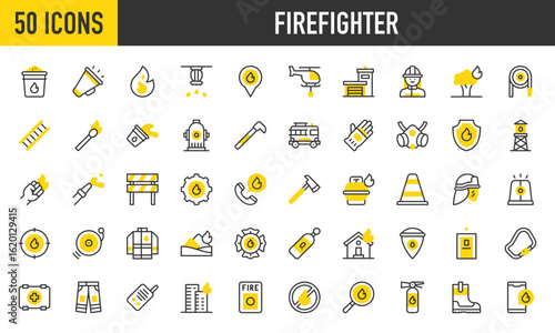 50 Firefighter icons. Such as Search, Fire Extinguisher, Alarm, Shield, Sprinkler, Settings, Megaphone, First Aid Kit, Boot, Fire Hose, Water Tower, No Fire, Sand vector stroke illustration.	
