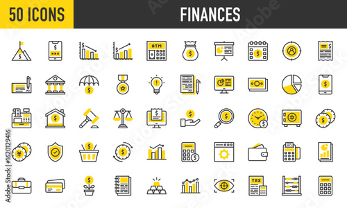 50 Finance icons. Such as Safe, Idea, Wallet, Pie Chart, Money, Time Is Money, Presentation, Vision, Shopping Basket, Money Bag, Report, Web Browser, Bar Chart vector stroke illustration.	

