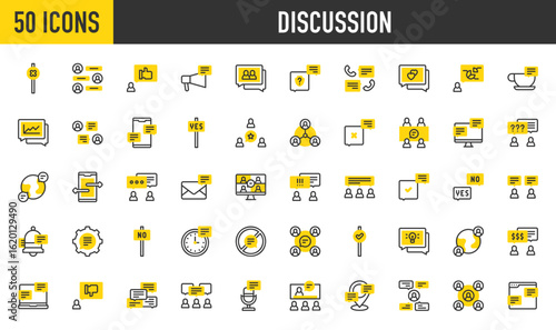 50 Discussion icons. Such as Moderator, User, Chat, Discussion, Notification Bell, Laptop, No Talking, Video Call, Analysis, Monitor, Agree, Idea, Disagreement, Place vector stroke illustration.	
