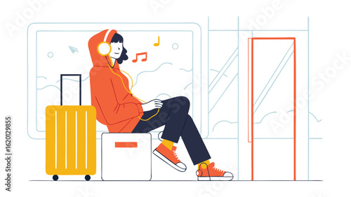 Illustration of a woman with headphones and a suitcase on a train listening to music happily