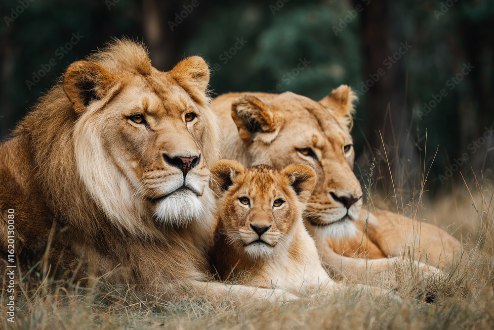 Fototapeta premium Majestic lion family resting together in a natural habitat