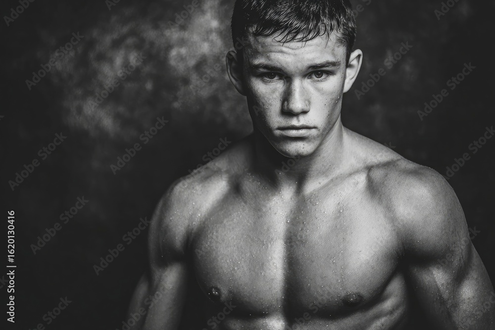 Fototapeta premium BW shot of a shirtless muscular man with wet skin against a dark textured background