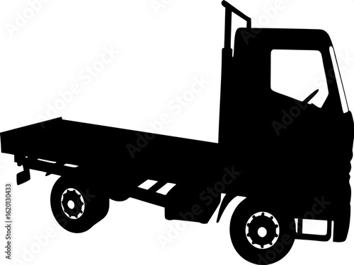 A schematic, black and white drawing of a side-facing flatbed truck. The truck’s open platform is empty, with clean straight lines. The cab is detailed only by simple window shapes, and the wheels are