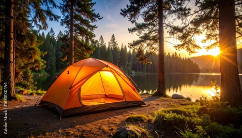Orange Camping Tent at Sunset Lake in Pine Forest