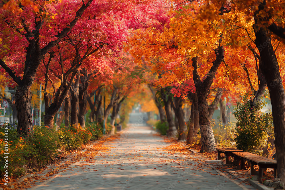 Naklejka premium Vibrant autumn tree tunnel path with bench and falling leaves