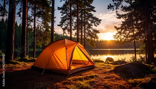 Orange Camping Tent At Sunset Lake Forest Campground