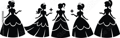 Five Princess Silhouettes in Gowns with Crowns and Stars female girl