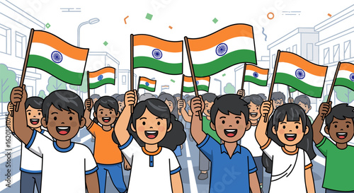 Diverse group of happy children celebrating India's Independence Day with national flags waving proudly in a festive parade.