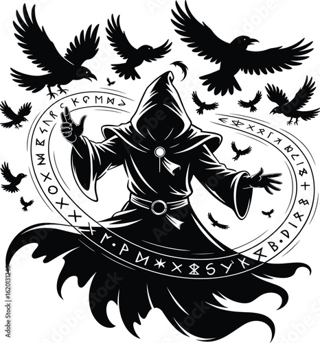 Hooded figure surrounded by runes and flying crows wizard sorcerer