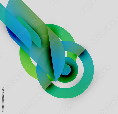 Abstract design features flowing ribbons, vibrant blues, greens. Circular elements create dynamic visual impact, modern aesthetic.
