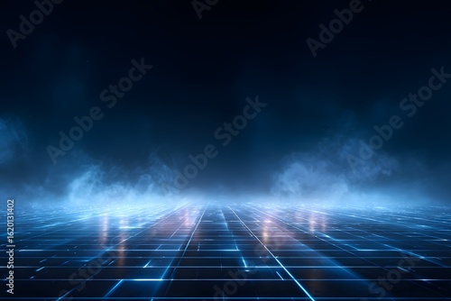 Dark blue background with a glowing light grid, fog, and smoke on the floor. Abstract technology or digital space for product presentation.