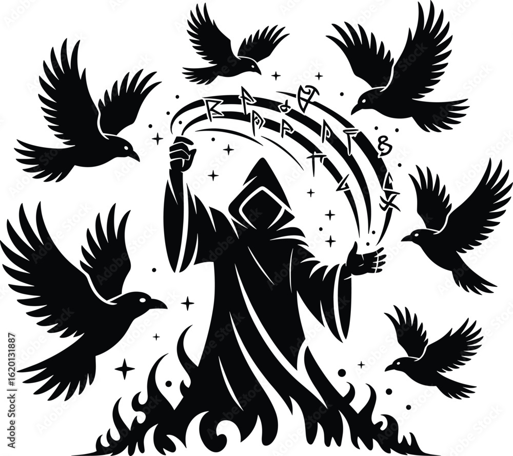 Obraz premium Silhouette of a robed figure casting runes with crows flying around wizard sorcerer