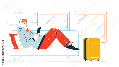 Man with headphones relaxing on a couch with a tablet next to a suitcase in a train or waiting area