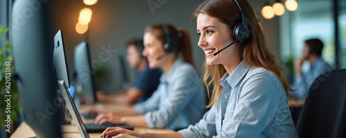 Smiling call center agent wears headset talking to client, customer service operator uses laptop for telemarketing. Pro woman works in tech support office, provides communication assistance.