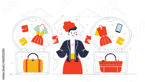 Woman doing online shopping for clothes and accessories using mobile phones in a virtual marketplace
