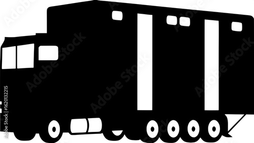 A minimalist, black and white side profile of a box trailer being towed by a semi-truck. The trailer is segmented with vertical stripes, and the cab is compact with abstract windows and lights. The wh