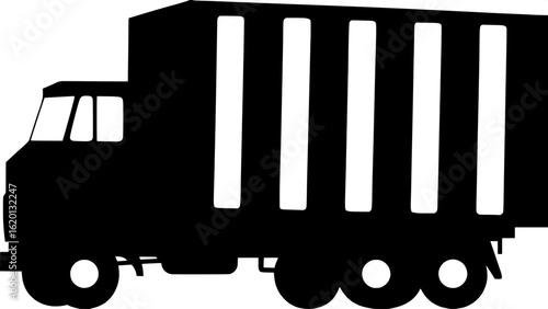 A minimalist, black and white side profile of a box trailer being towed by a semi-truck. The trailer is segmented with vertical stripes, and the cab is compact with abstract windows and lights. The wh