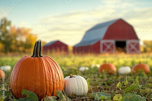 Fototapeta Naklejka Na Ścianę i Meble -  Pumpkins and white pumpkins in front of a red barn on a farm with a sunset sky, a fall harvest time background.