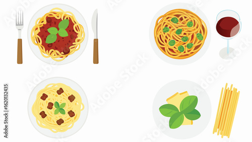 A selection of pasta dishes including bolognese pesto and carbonara with wine and utensils shown here