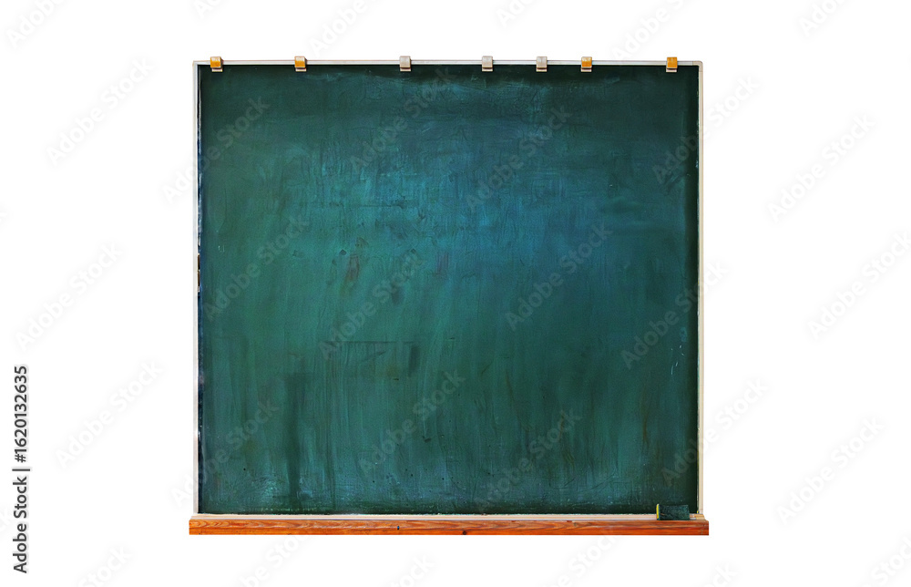 Fototapeta premium Empty chalkboard isolated on transparent background. Vintage green blackboard with wood ledge and faded chalk marks cutout without background.