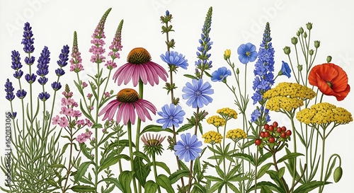 Assortment of Colorful Wildflowers Botanical Illustration with Lavender Echinacea Chicory Poppy and Yarrow for Wallpaper Design