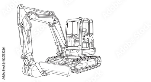 Blueprint style technical vector drawing of mini excavator with clean detailed parts