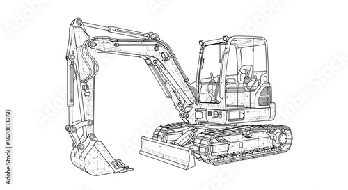 Construction machinery mini excavator shown in detailed blueprint technical vector design