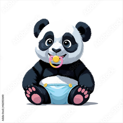 A charming illustration of a baby panda, radiating innocence, seated with a pacifier and diaper, captures the playful essence of childhood.