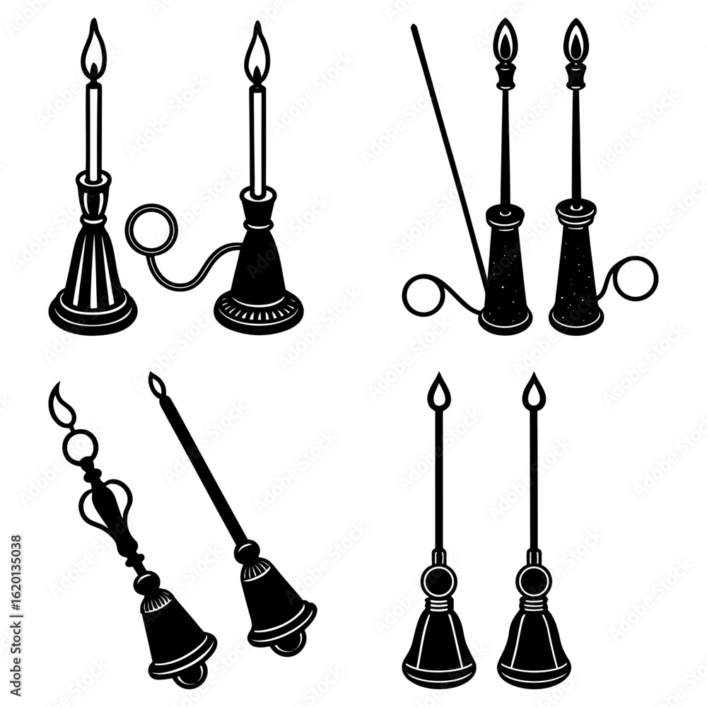 Naklejka premium Illustration of various antique candle holders with lit candles in a black and white graphic design style