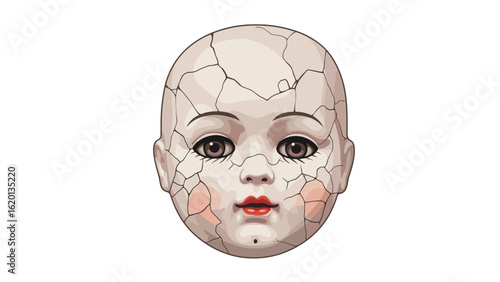 Cracked porcelain doll head with empty eyes and red cheeks for Halloween  