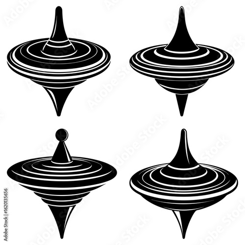 Illustration of four spinning tops with black and white stripes arranged in a square formation on white