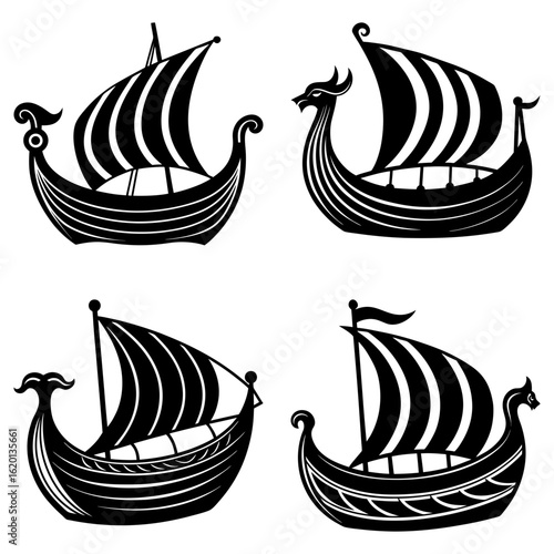 Illustration of four viking ships with striped sails in black and white vector format design element