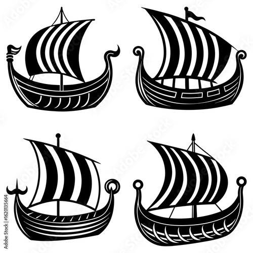 Four black and white viking ships with striped sails in a repeating pattern on a white background
